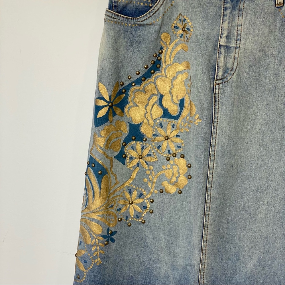 Double D Ranch denim skirt pained floral gold maxi studded. Waist 28. Length 37 - Picture 4 of 9